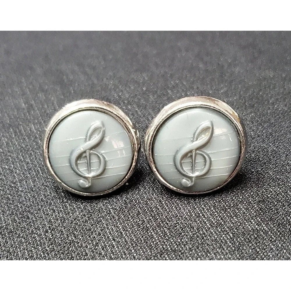 Vintage Anson Silver Tone Gray Blue Thermoset Treble Clef Musical Note Cufflinks